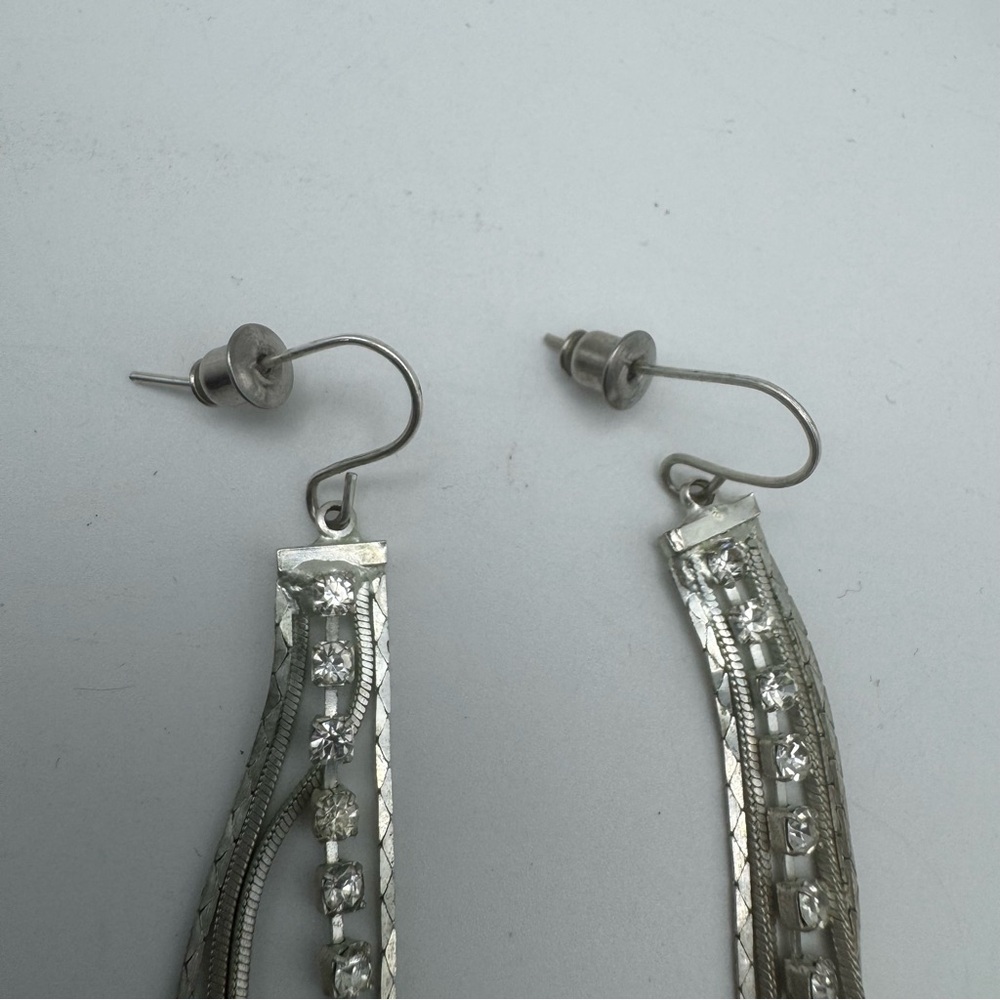 Silver Tone Rhinestone Fringe Drop Earrings Long Statement Style - Picture 4 of 5